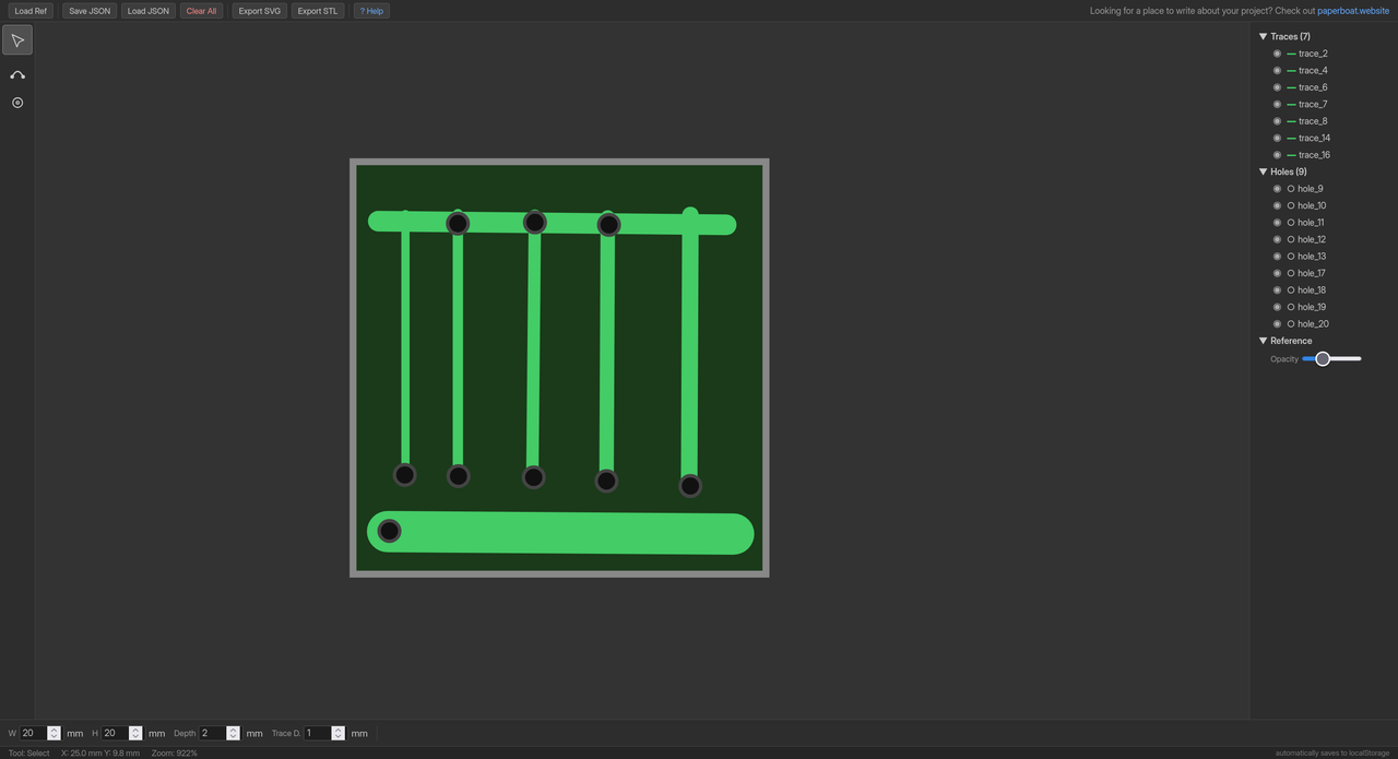A test block with tracks ranging from .4mm to .8mm with 1mm at the top and 2mm at the bottom.