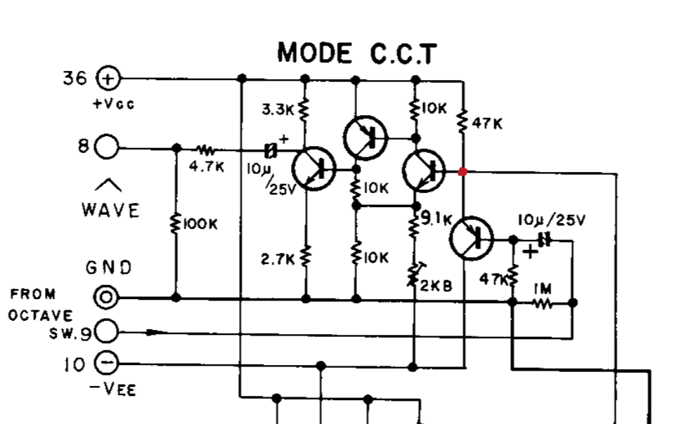 Marked in red: missing junction between base of NPN, emitter of PNP and 47k resistor